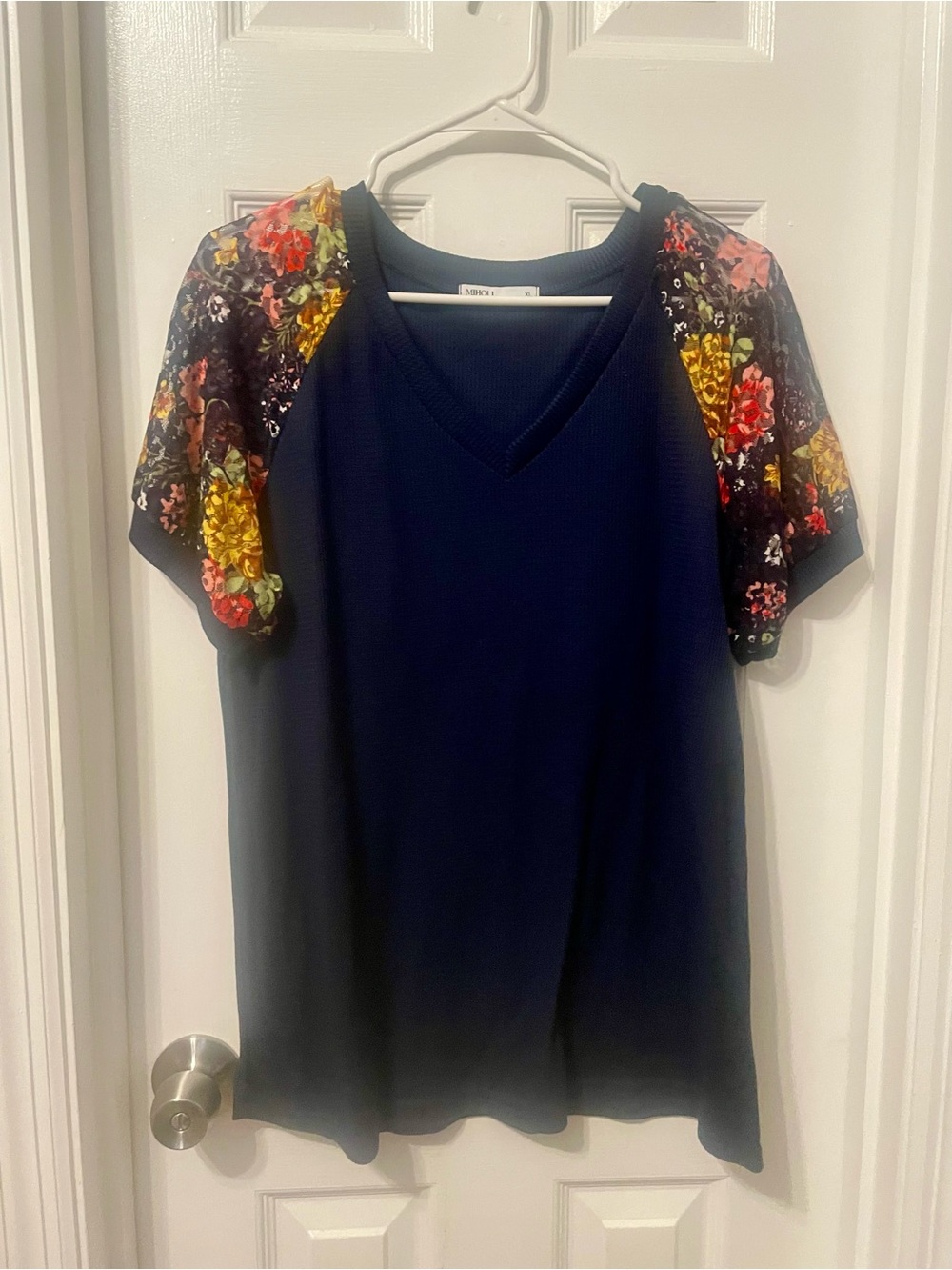 Navy V-Neck Top with Floral Short Puff Sleeves
